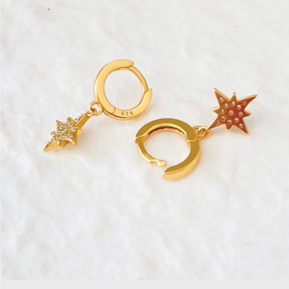 925 Sterling Silver Dangle North Star Hoop Earrings,